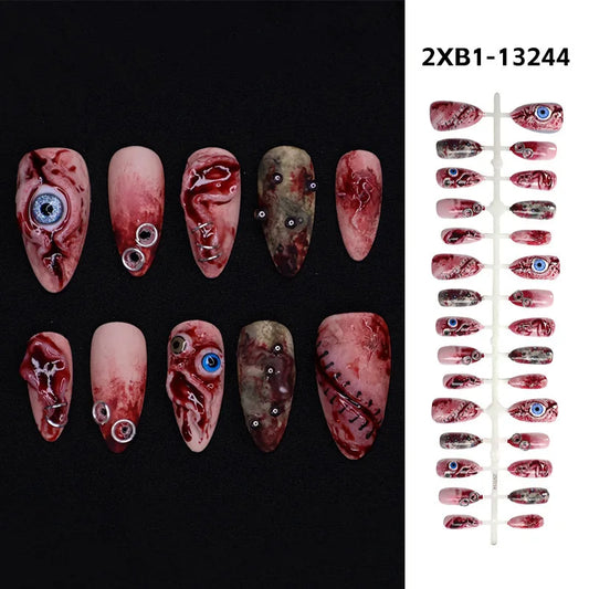 30PCS Terror Halloween Press-on Nails 3D Blood Stained Eyeballs Unique Clowns High-quality Nail Art Fake Nail Almond False Nails