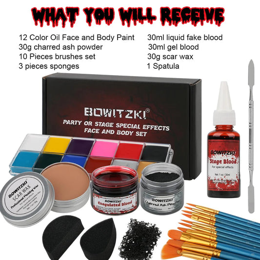Bowitzki SFX Face Body Paint ,Halloween Makeup Special Effects,Fake Blood Scar Wax Charred Ash Powder with Sponges Brush