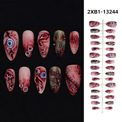 30PCS Terror Halloween Press-on Nails 3D Blood Stained Eyeballs Unique Clowns High-quality Nail Art Fake Nail Almond False Nails