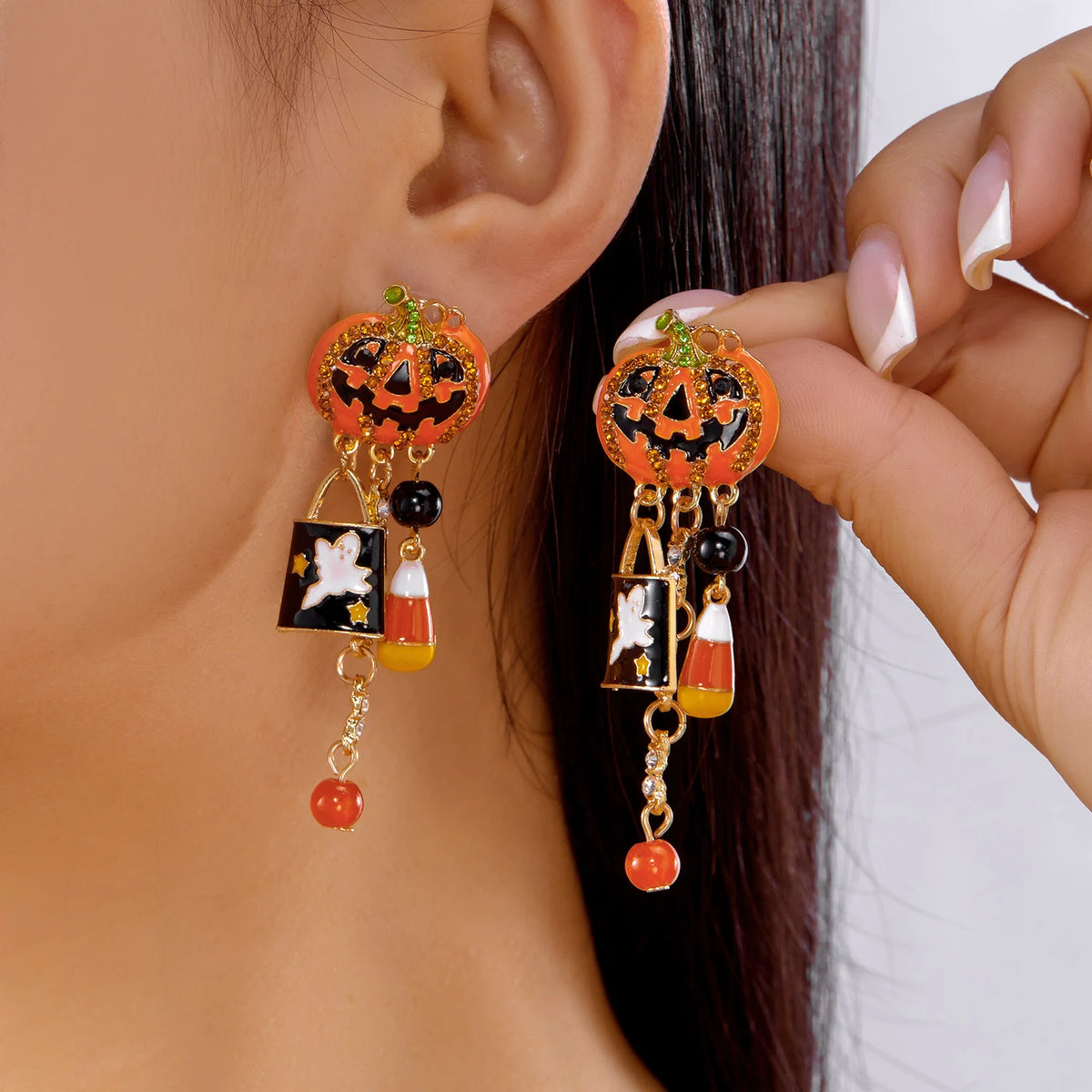 Halloween Pumpkin Dangle Earrings for Women Crystal Zircon Ghost Spider Long Tassel Dripping Oil Earring Party Festival Jewelry