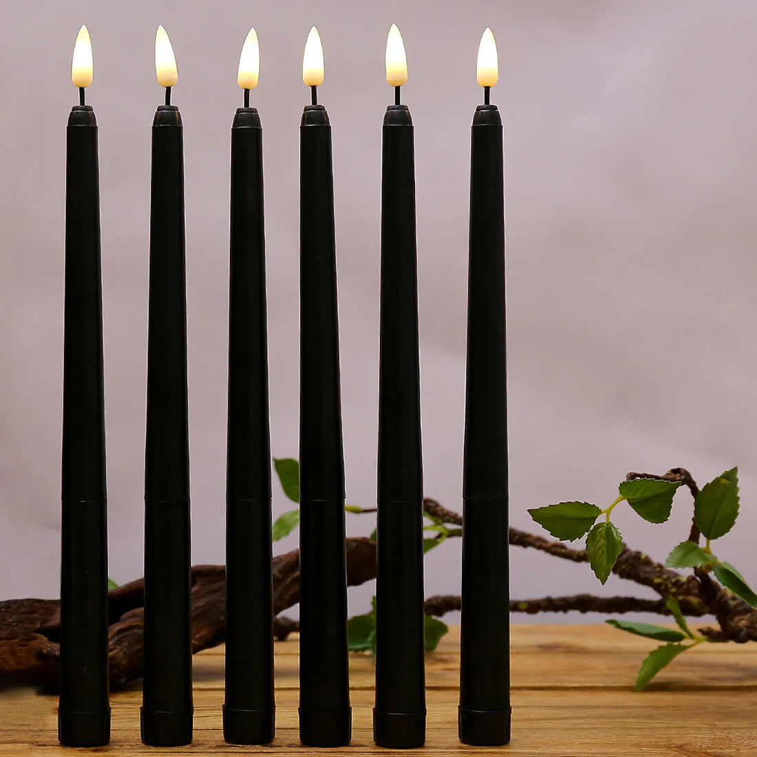 3 or 6 Pieces Black Flameless LED Taper Candles 11 inch,Plastic Realistic Flickering Decorative Halloween Candle Light