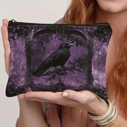 1pc Retro Witch Gothic Resin Makeup Bag with Safety Zipper - Vintage Purple Raven & Ornate Frame Design