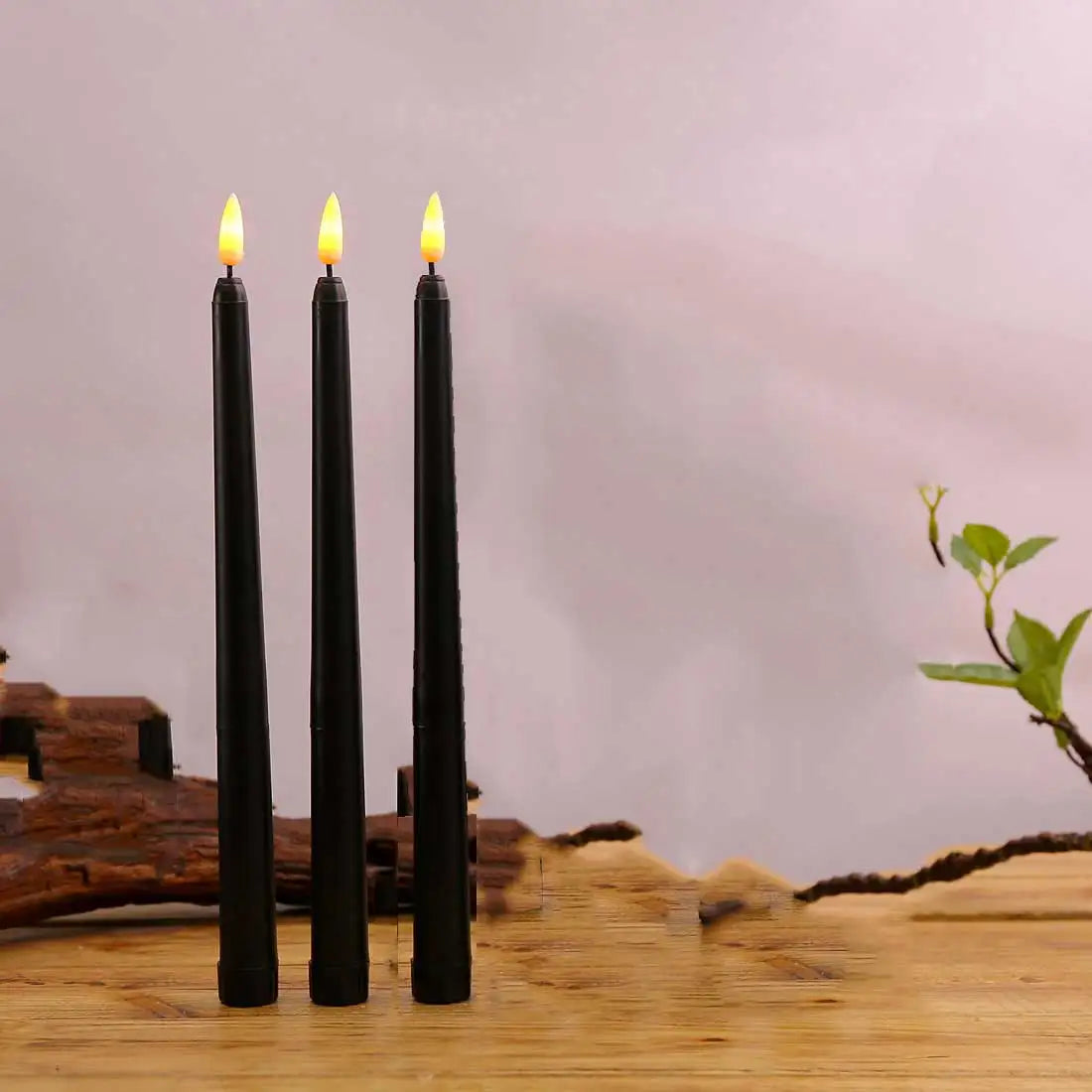 3 or 6 Pieces Black Flameless LED Taper Candles 11 inch,Plastic Realistic Flickering Decorative Halloween Candle Light