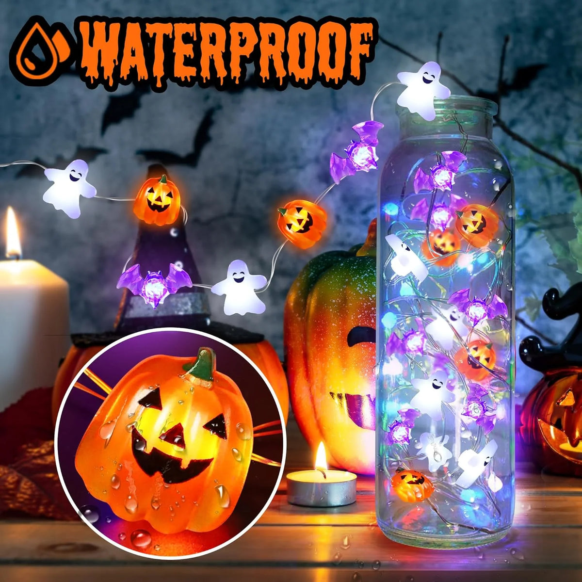 1pc 20/30 LED Halloween Copper Wire String Light With Mini Ghost Pumpkin Bat Fairy Lamp For Home Halloween Party Festival Decor